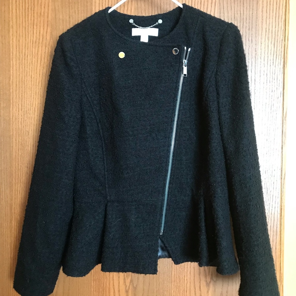Michael Kors Black Asymmetric Zip Peplum Blazer
